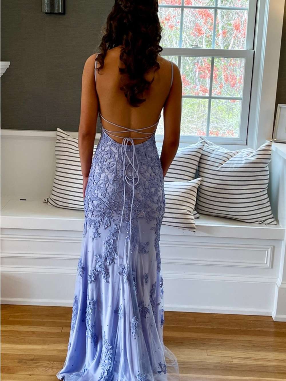 Elegant Faviana Periwinkle Lace Appliqué Evening Gown - Picture 2 of 5